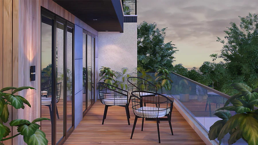 Varanda com envidraçamento de sacada e vista para árvores